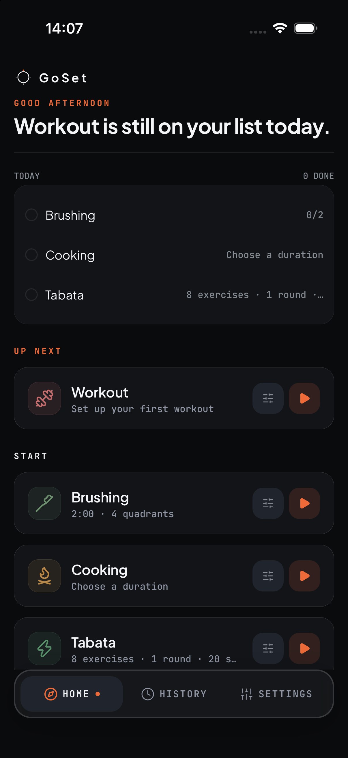 GoSet in dark mode.