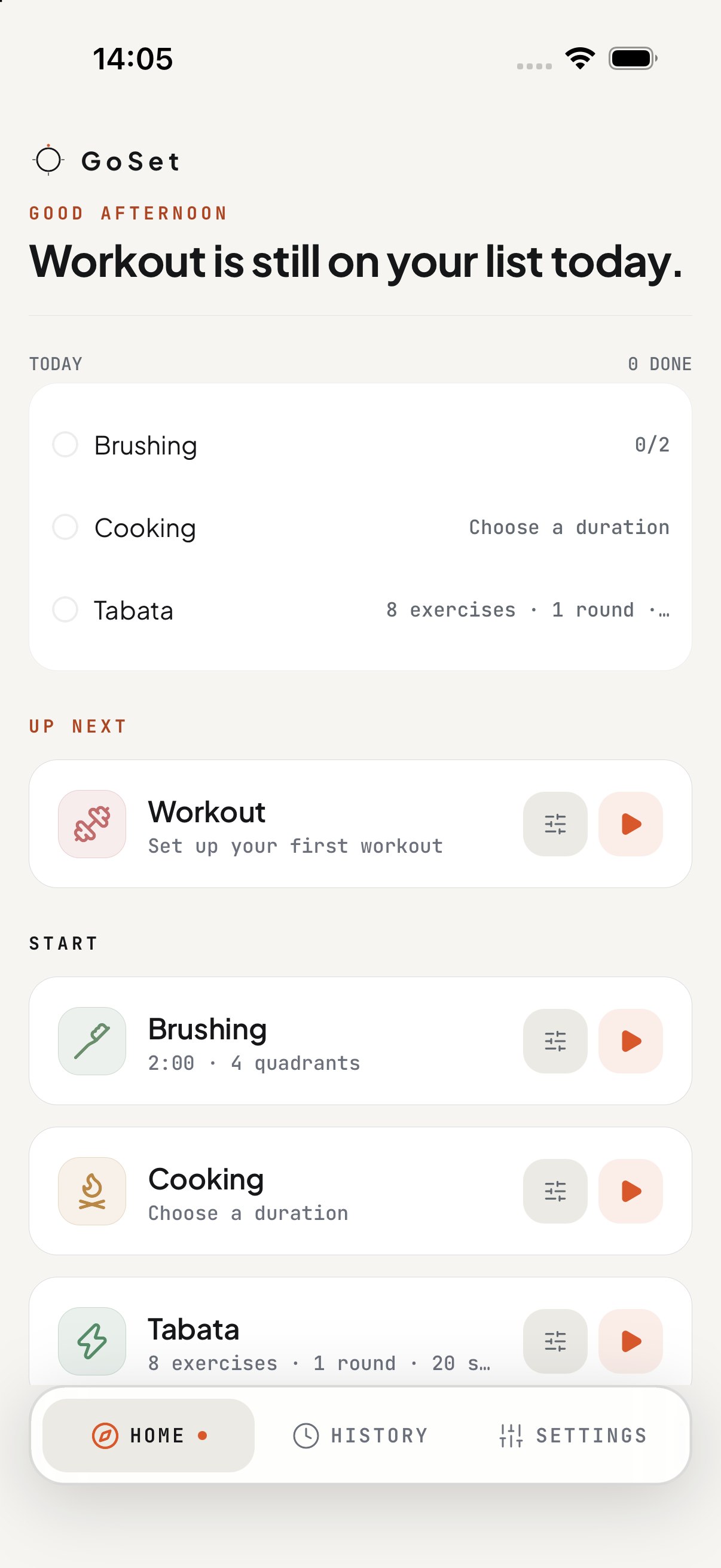 GoSet's Home screen, light mode — today's activities, momentum tiles, and a quick-start list.